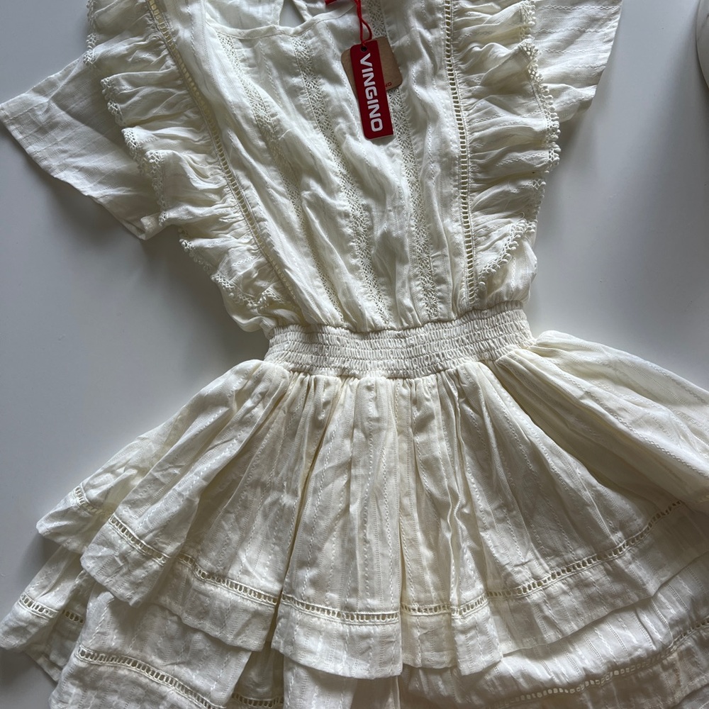 Cream Ruffled Tiered Sundress with Flutter Sleeves